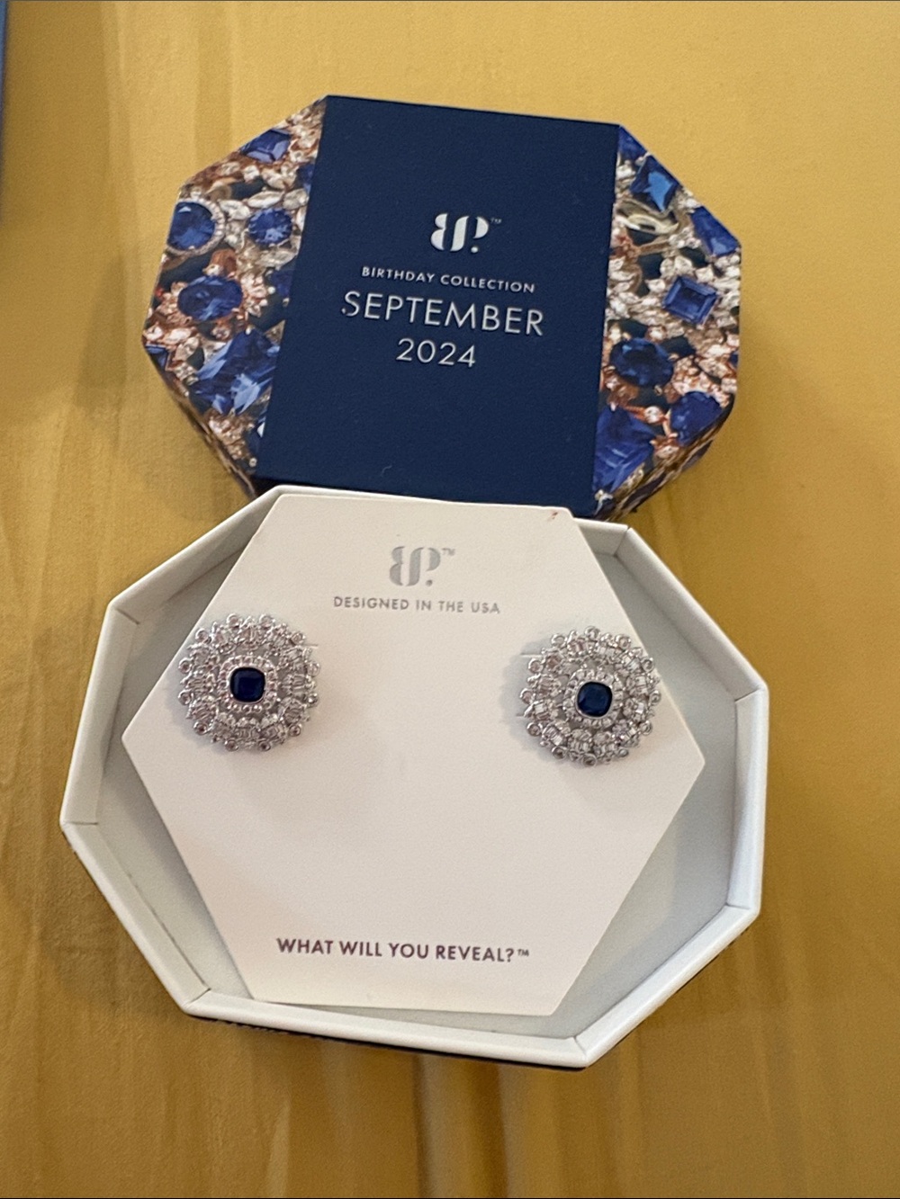 Silver-Tone September Birthstone Stud Earrings with Blue Center